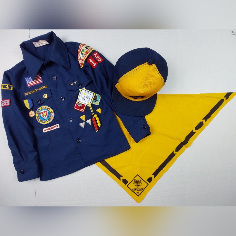Vintage 80s Boy Scouts Of America Cub Scouts Uniform Shirt/Hat Boys Size 8 Blue